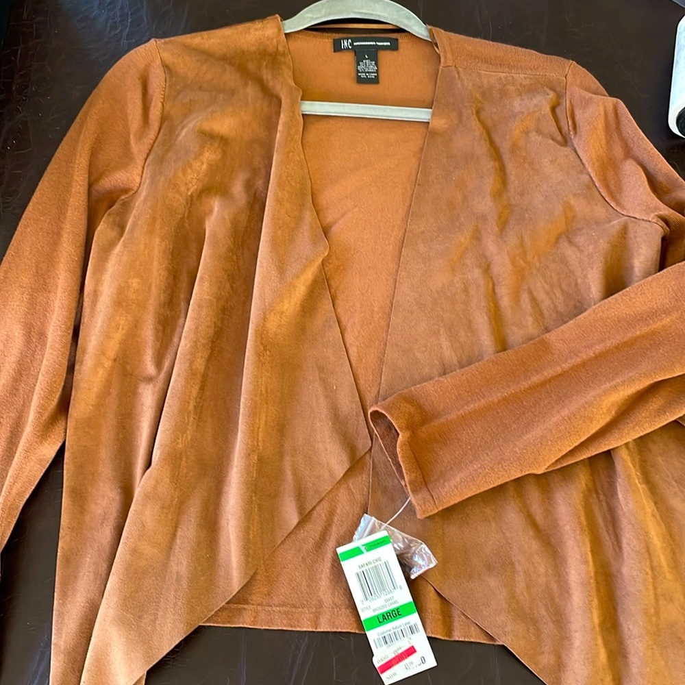 INC NWT Chocolate Suede front with sweater sleeves and back.  shawl collar Large